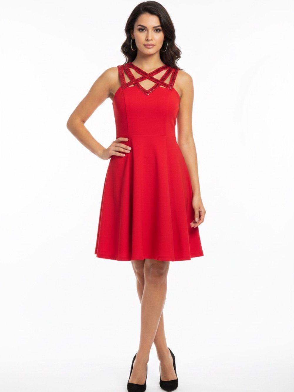 New Nordstrom a. drea beaded strap beaded front mini fit n flare RED dress  L